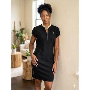 GUESS Logo Tape Quarter-Zip Knit Mini Dress Black Bodycon Size L Sporty Street